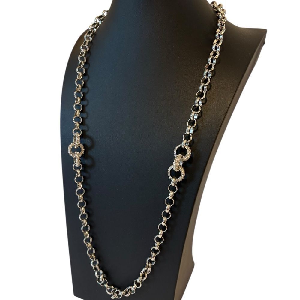 Coldwater Creek Extra Long Silver Toned Chain w/Pave Crystal Accent Rings. - Picture 3 of 5